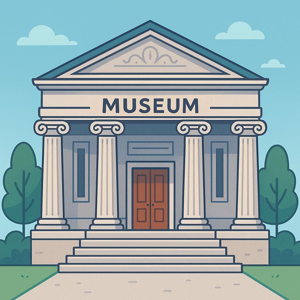 A grand, symmetrical building with large classical columns and steps leading up to the entrance, symbolizing a museum.