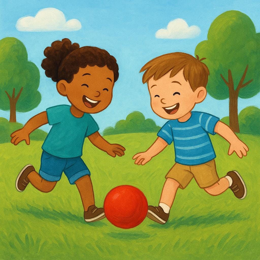 Two smiling children playing soccer with a red ball in a grassy field.