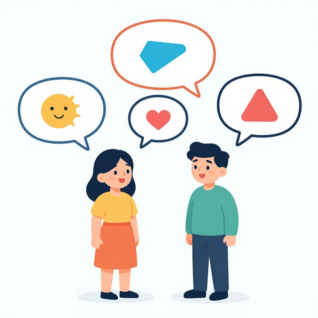 Un'illustrazione colorata di due persone che parlano tra loro con fumetti contenenti semplici forme colorate, che rappresentano la comunicazione attraverso il linguaggio.