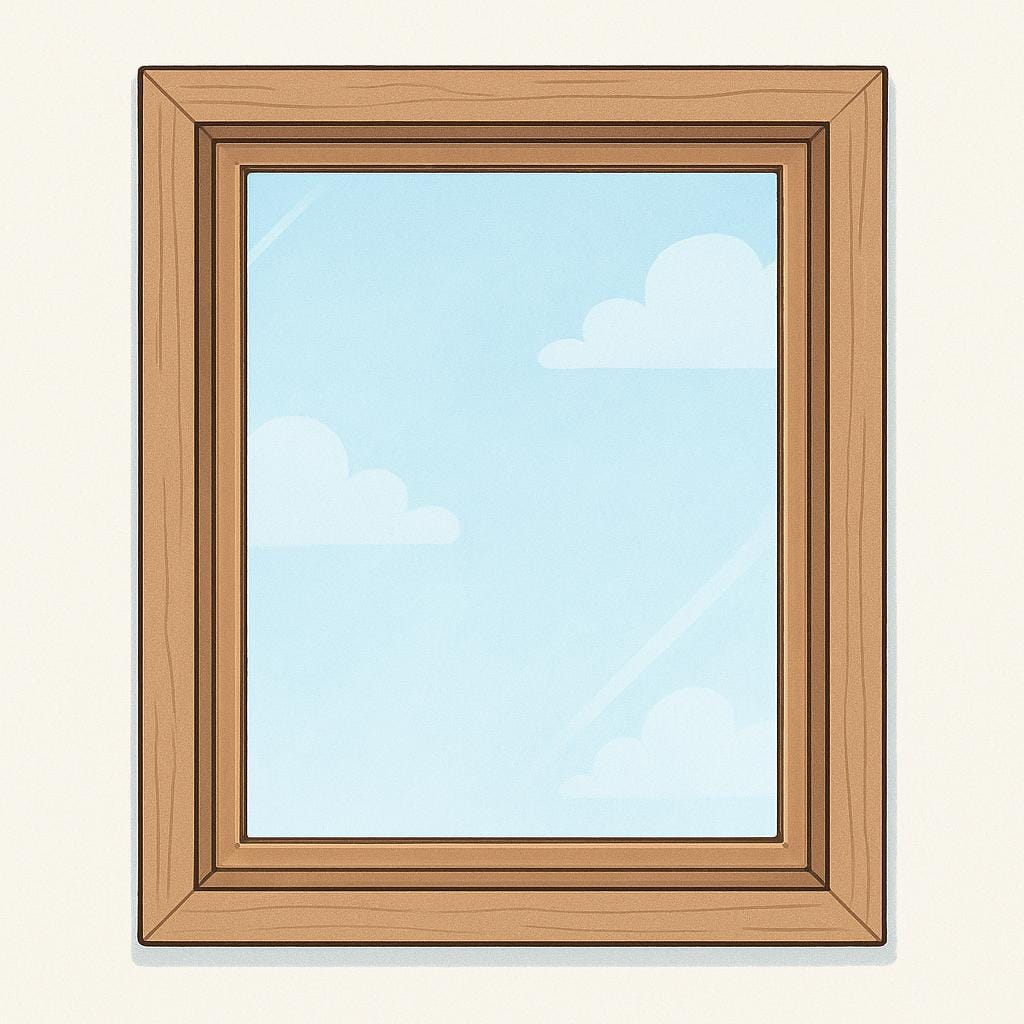 Une grande vitre rectangulaire propre, encadrée simplement, montrant une légère réflexion.