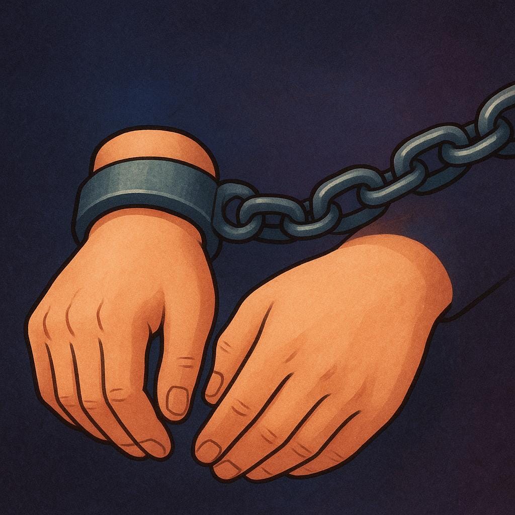 A close-up illustration of two wrists bound together by a simple metal shackle.