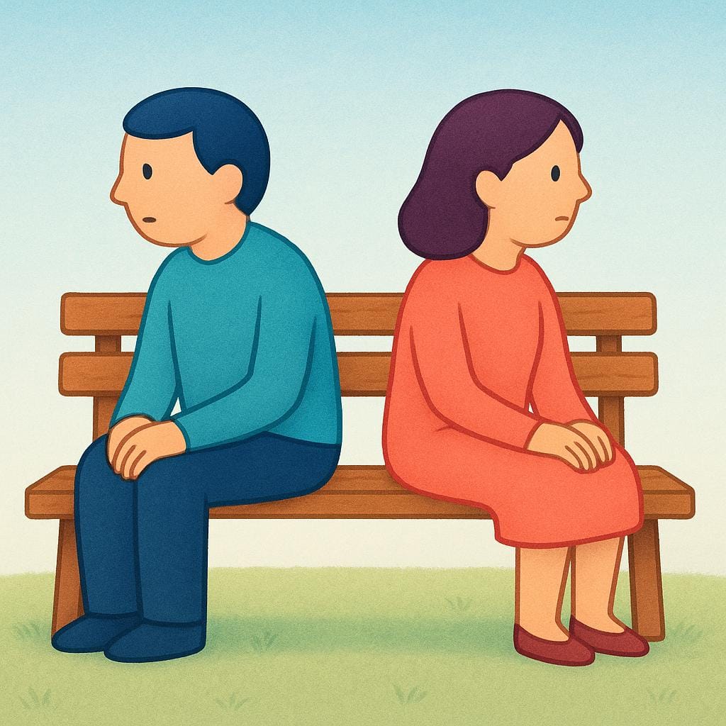A visual representation of emotional detachment showing two simplified figures sitting close together on a bench, yet both facing away from each other, illustrating psychological separation.