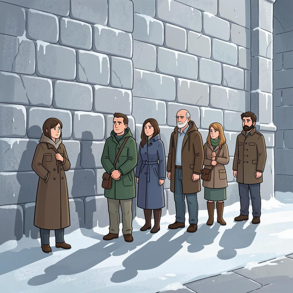 Een groep mensen staat samen in de schaduw van een grote stenen muur.