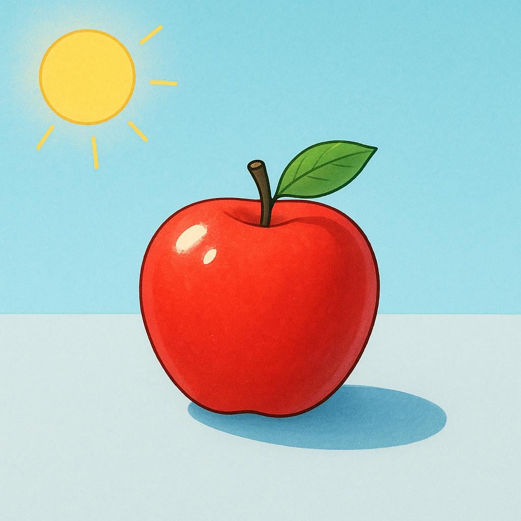 A brightly lit, clearly visible red apple sitting alone on a flat surface, emphasizing clarity and easy observation.