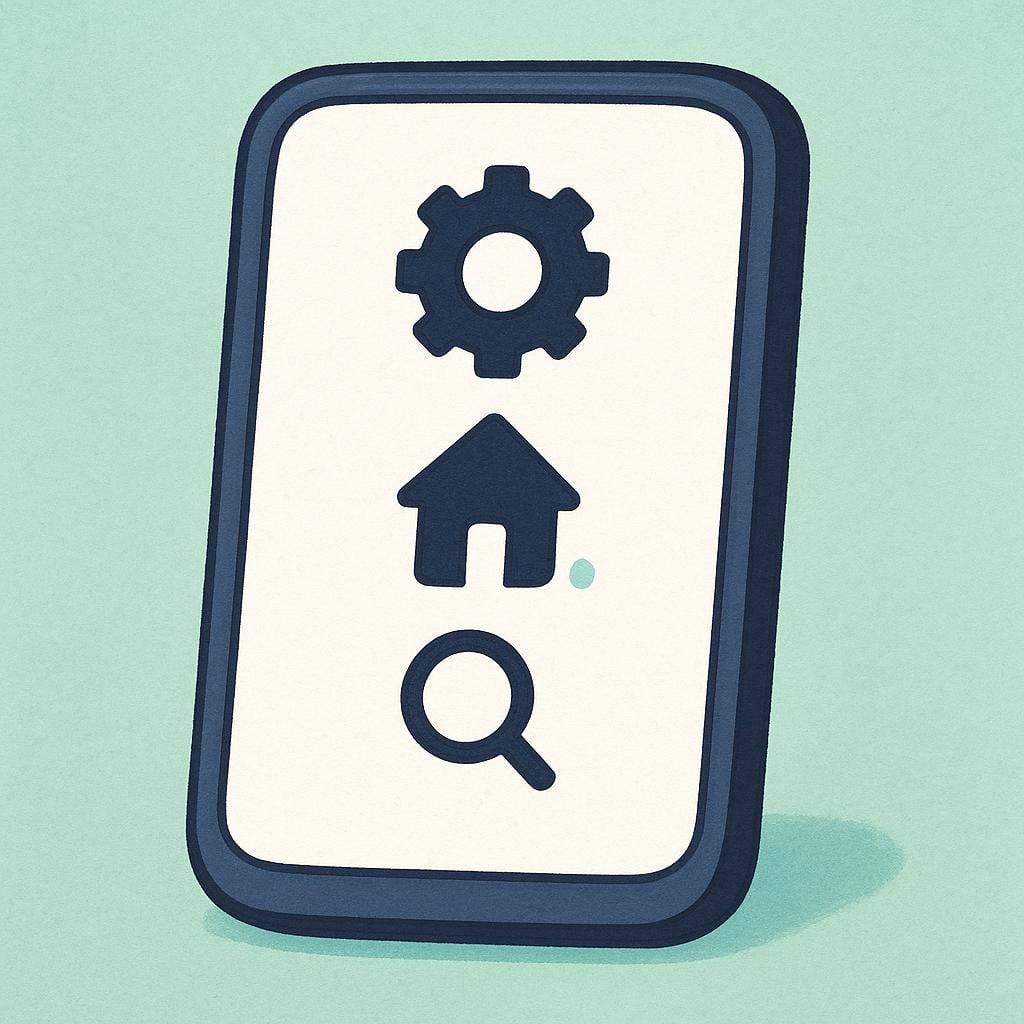 A colorful storybook illustration of a simplified digital device screen displaying a vertical list of three distinct, brightly colored icon buttons (a gear, a house, and a magnifying glass) representing a digital menu.