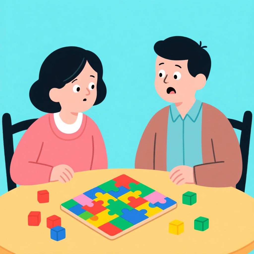Two people having a shared 'aha' moment after solving a simple, colorful block puzzle, symbolizing understanding.