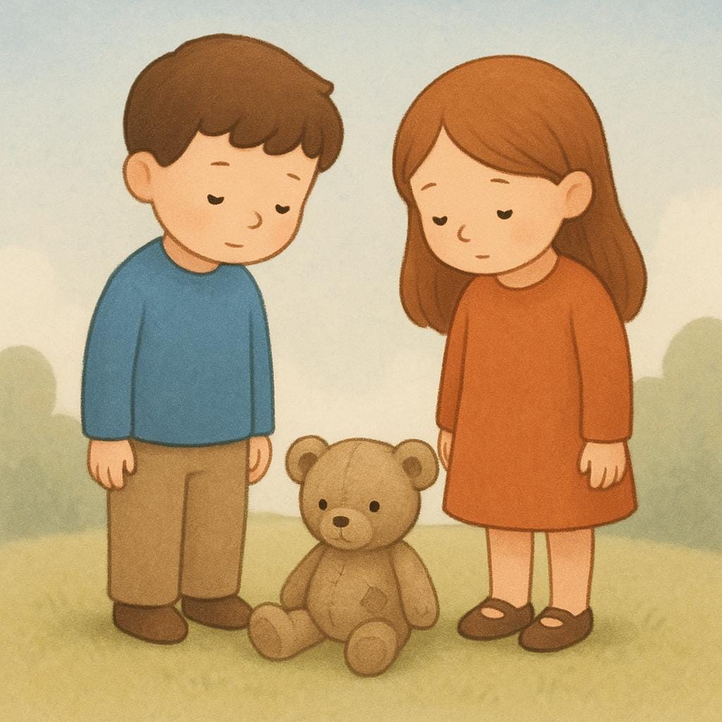 Twee kleine, felgekleurde sprookjesfiguren, een jongen en een meisje, staan dicht bij elkaar en kijken weemoedig naar een enkele, versleten teddybeer tussen hen in, wat een gedeelde herinnering aan een vroegere toestand symboliseert.