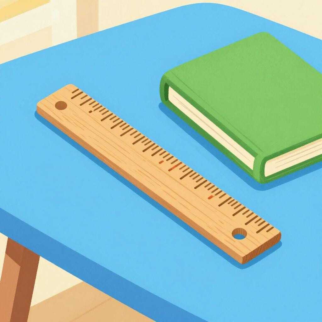 A wooden ruler being used to measure the length of a small green book on a blue table.