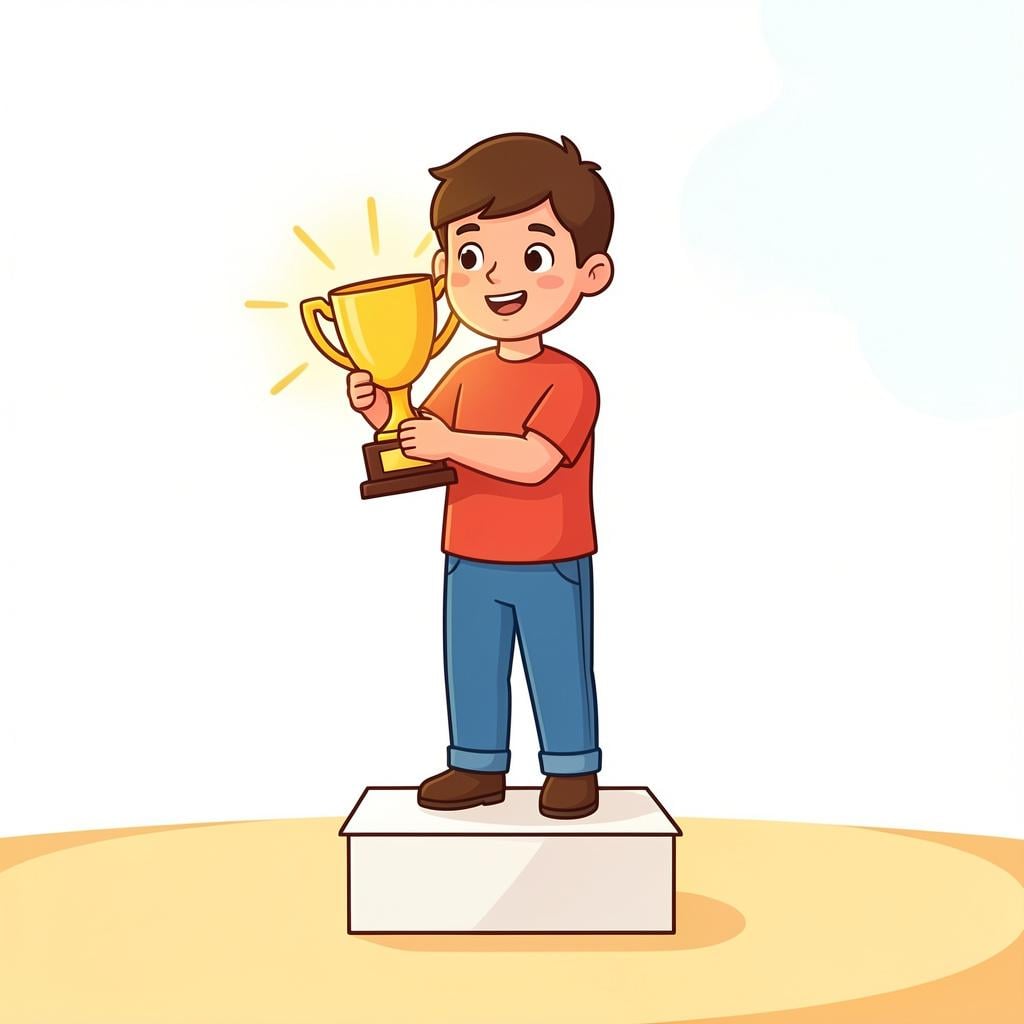 A person standing proudly on a podium holding a golden trophy, symbolizing personal merit and worth.