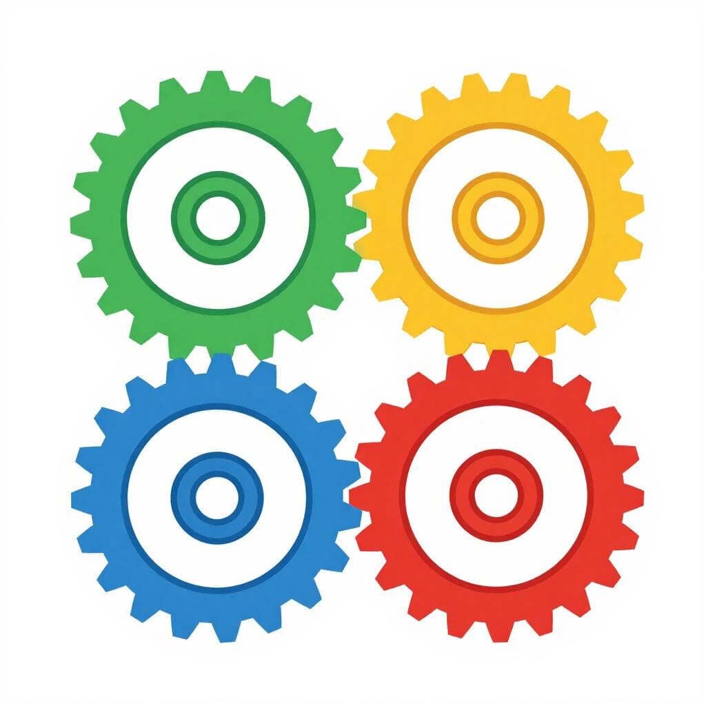 Una vista ravvicinata di ingranaggi e ruote dentate metalliche colorate e interconnesse che lavorano insieme.