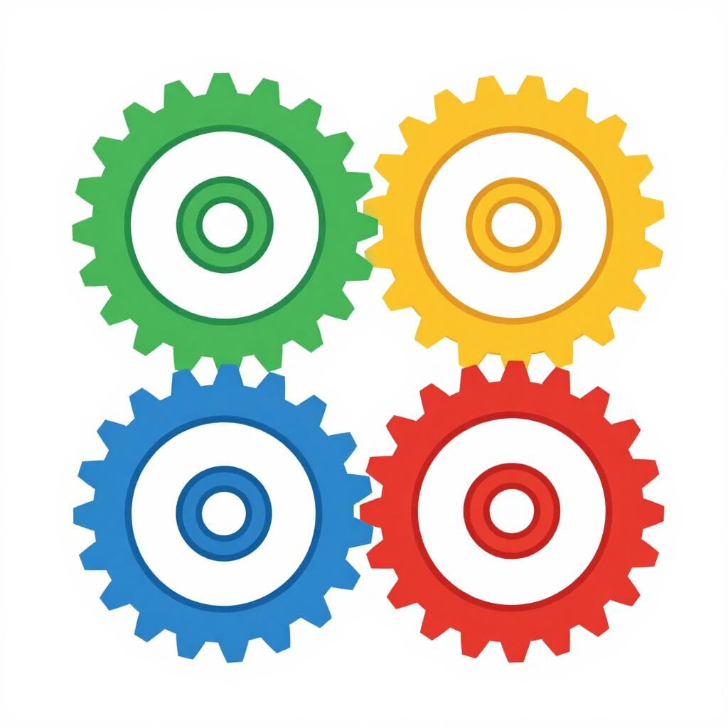 Una vista ravvicinata di ingranaggi e ruote dentate metalliche colorate e interconnesse che lavorano insieme.