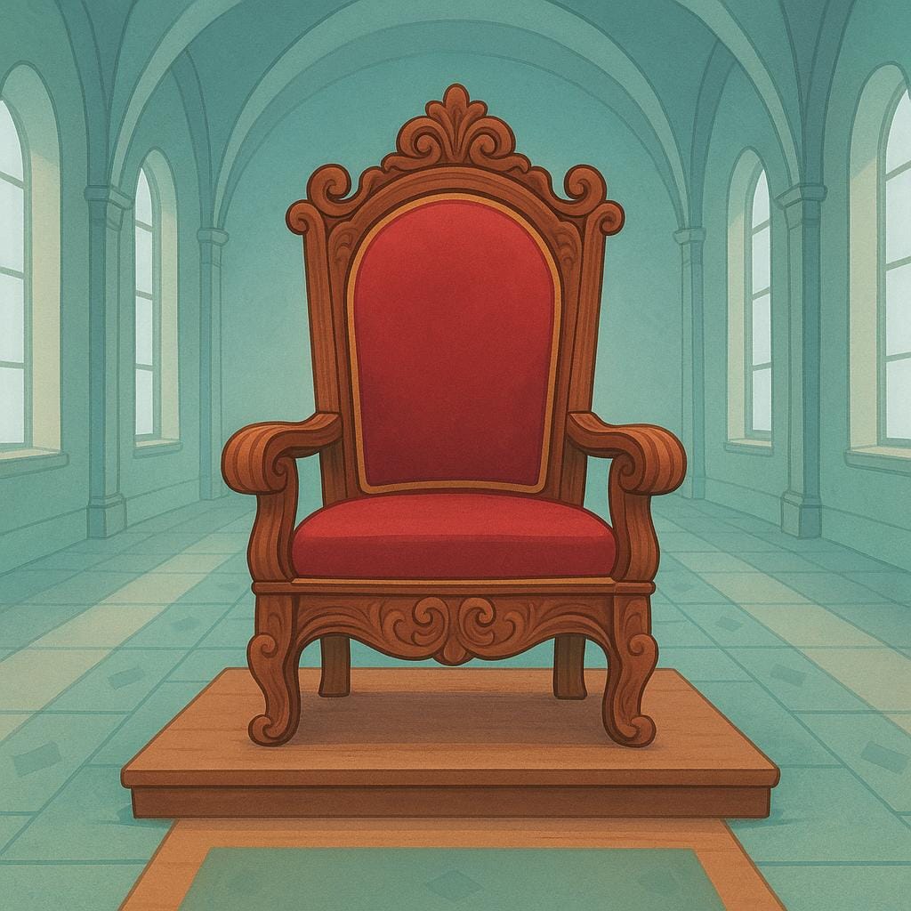 A detailed illustration of an opulent, empty royal throne made of dark wood and gold accents, set within a vast, high-ceilinged hall.