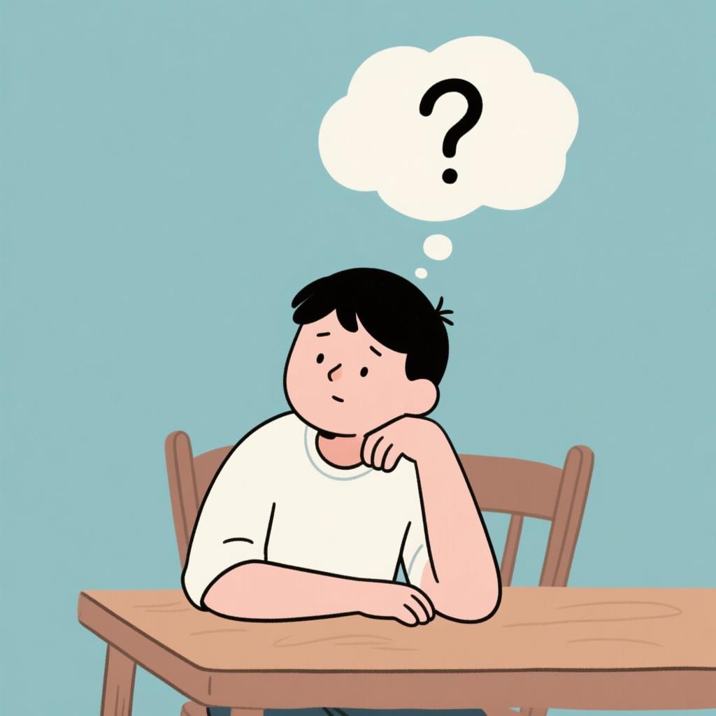 A young person sitting alone, resting their chin on their hand, looking contemplative. A stylized question mark floats inside a thought bubble above their head, symbolizing the action of thinking.