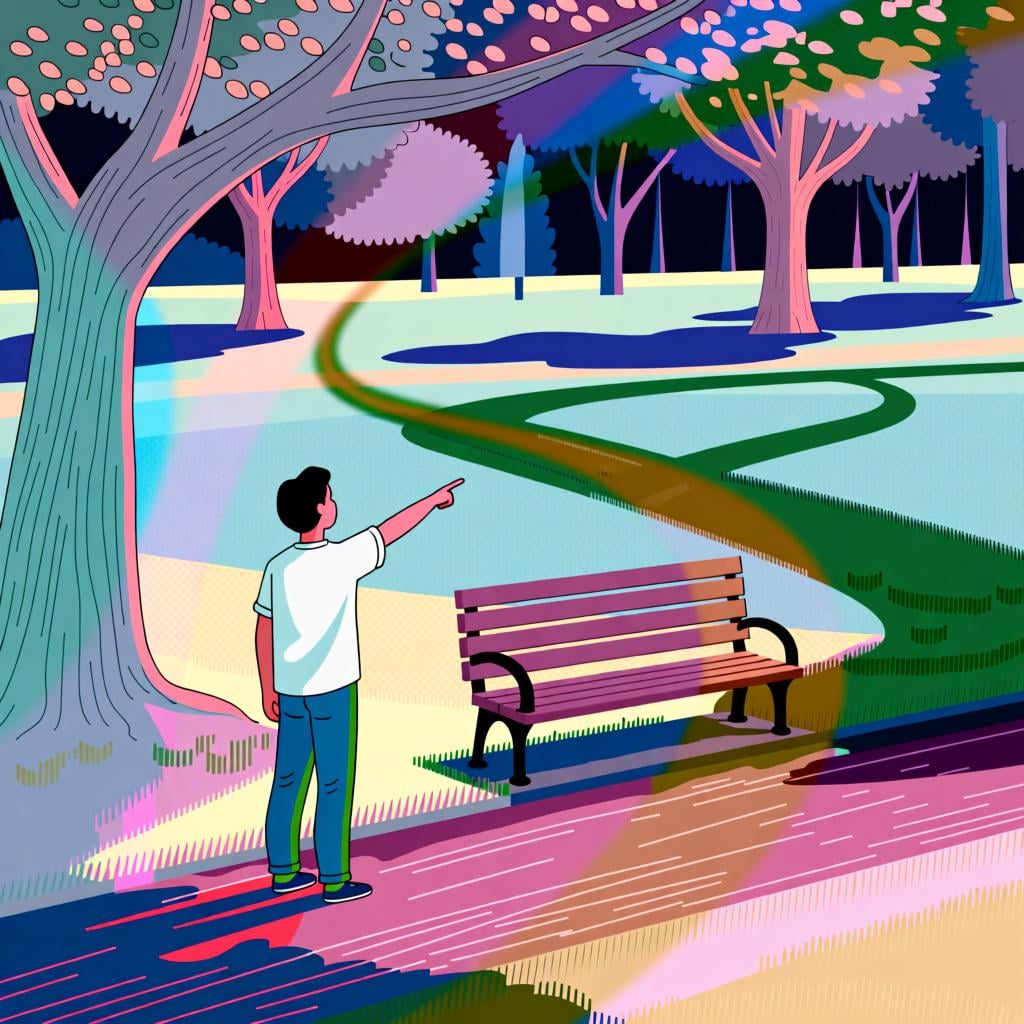 A person pointing to a bench across a park, indicating a location that is far from both the speaker and the listener.