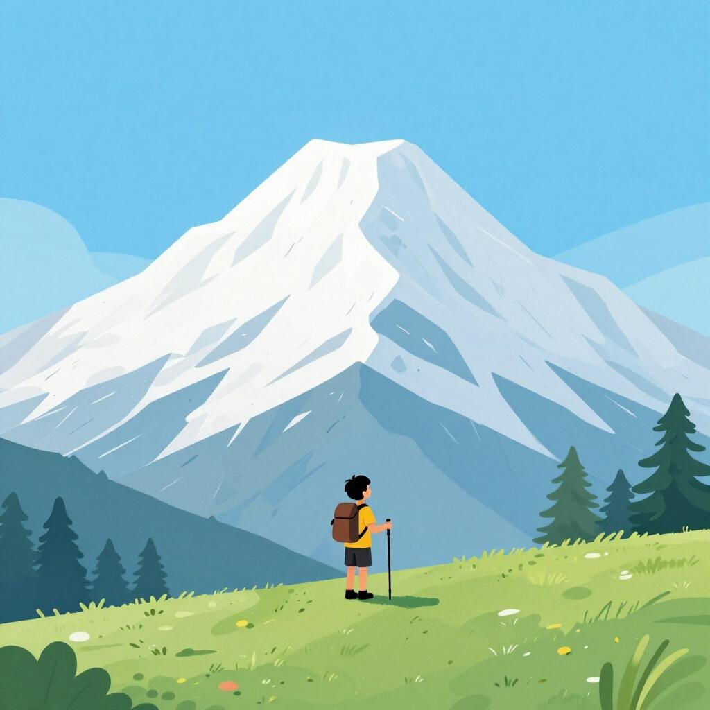 小高い丘の上に立ち、遠くにあるはるかに高く雄大な山の頂上を見つめるハイカー。