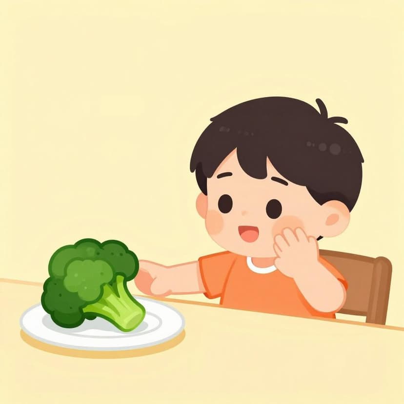 A child politely shaking their head and holding up a hand to decline a plate of broccoli.