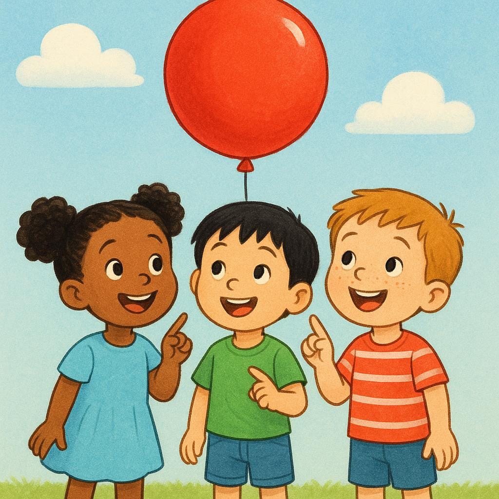 Een kleurrijke boekenillustratie die drie buiten spelende kinderen toont, naast elkaar staand, die allemaal aandachtig omhoog wijzen naar een felrode ballon die in de blauwe lucht zweeft.