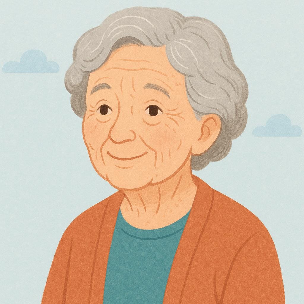 A gentle illustration of a kind-faced elderly person with grey hair and deep wrinkles, symbolizing advanced age.
