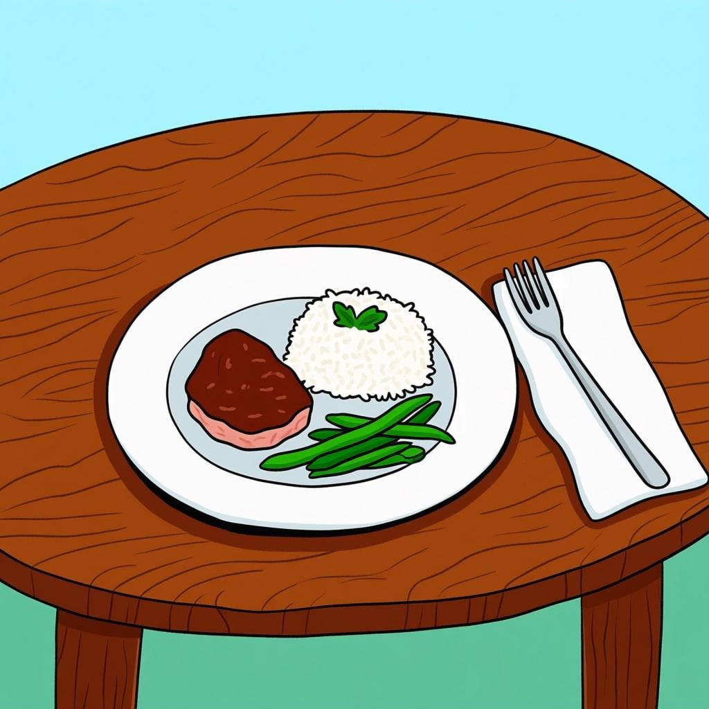 A single place setting on a wooden table featuring a plate of prepared food (meat, rice, and vegetables), representing a specific meal like lunch.
