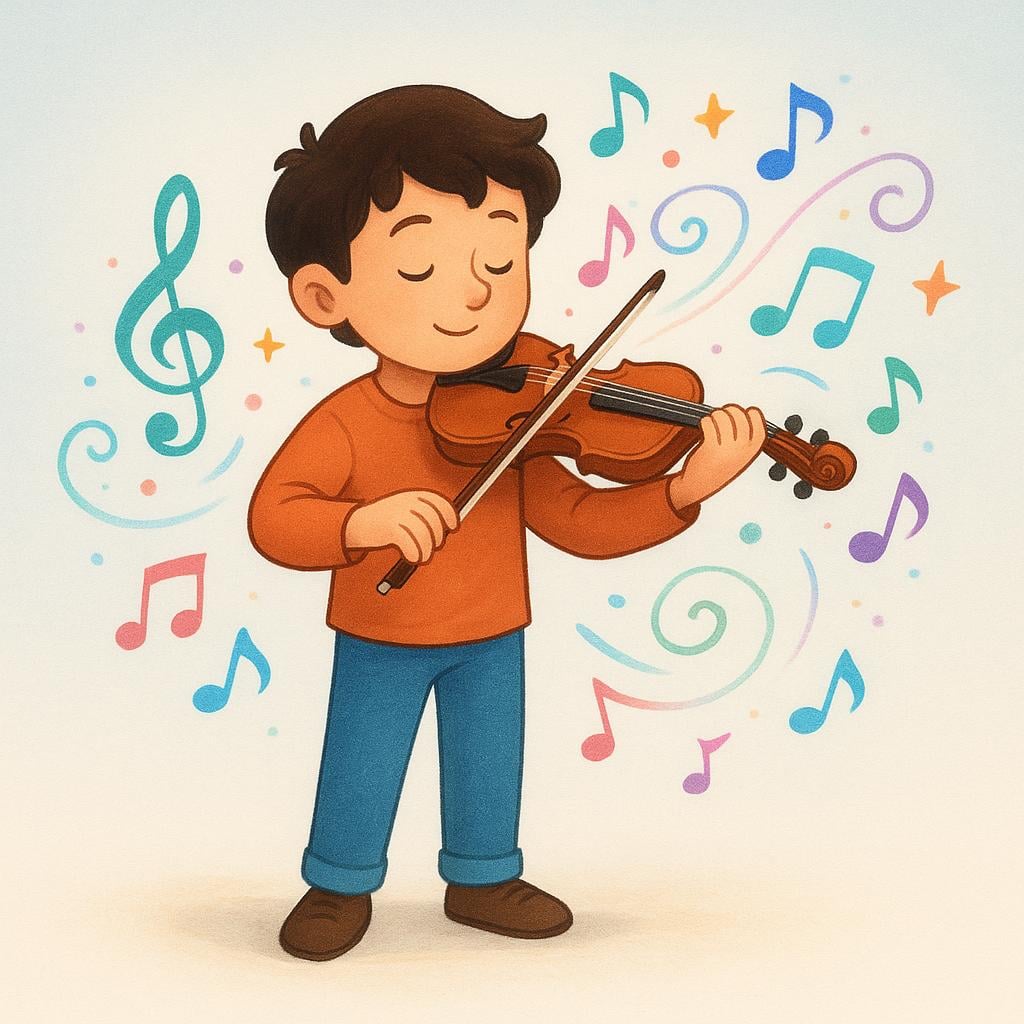 Une personne jouant du violon avec aisance, entourée de notes de musique flottantes et lumineuses, symbolisant un don naturel ou un talent.