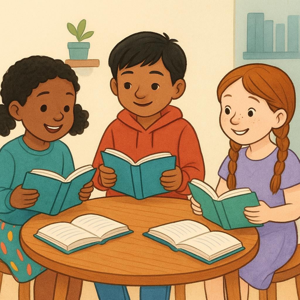 A group of three young students sitting around a wooden table, each focused on reading an open book.