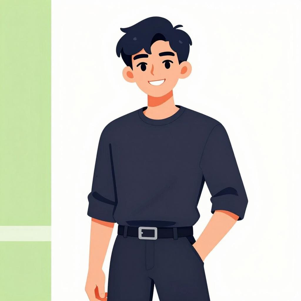 Een kleurrijke boekillustratie die een zelfverzekerd persoon met een charmante glimlach afbeeldt, die er nonchalant bij staat en aantrekkingskracht uitstraalt.