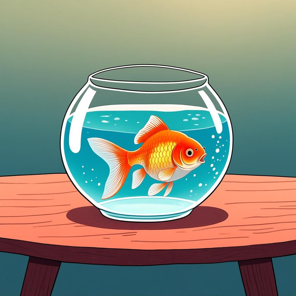 A bright orange goldfish happily swimming actively inside a clear glass bowl, showing it is alive.