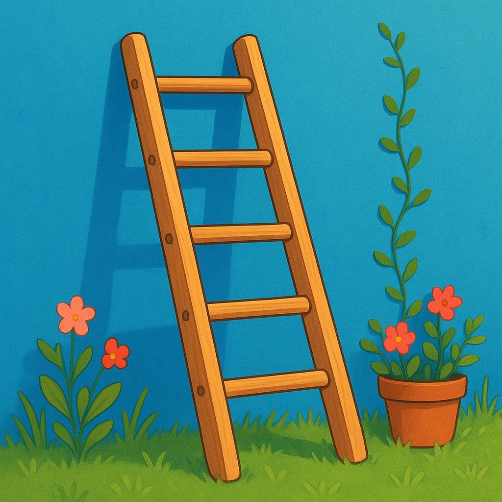 A tall, portable wooden ladder resting against a bright blue exterior wall in a garden setting.