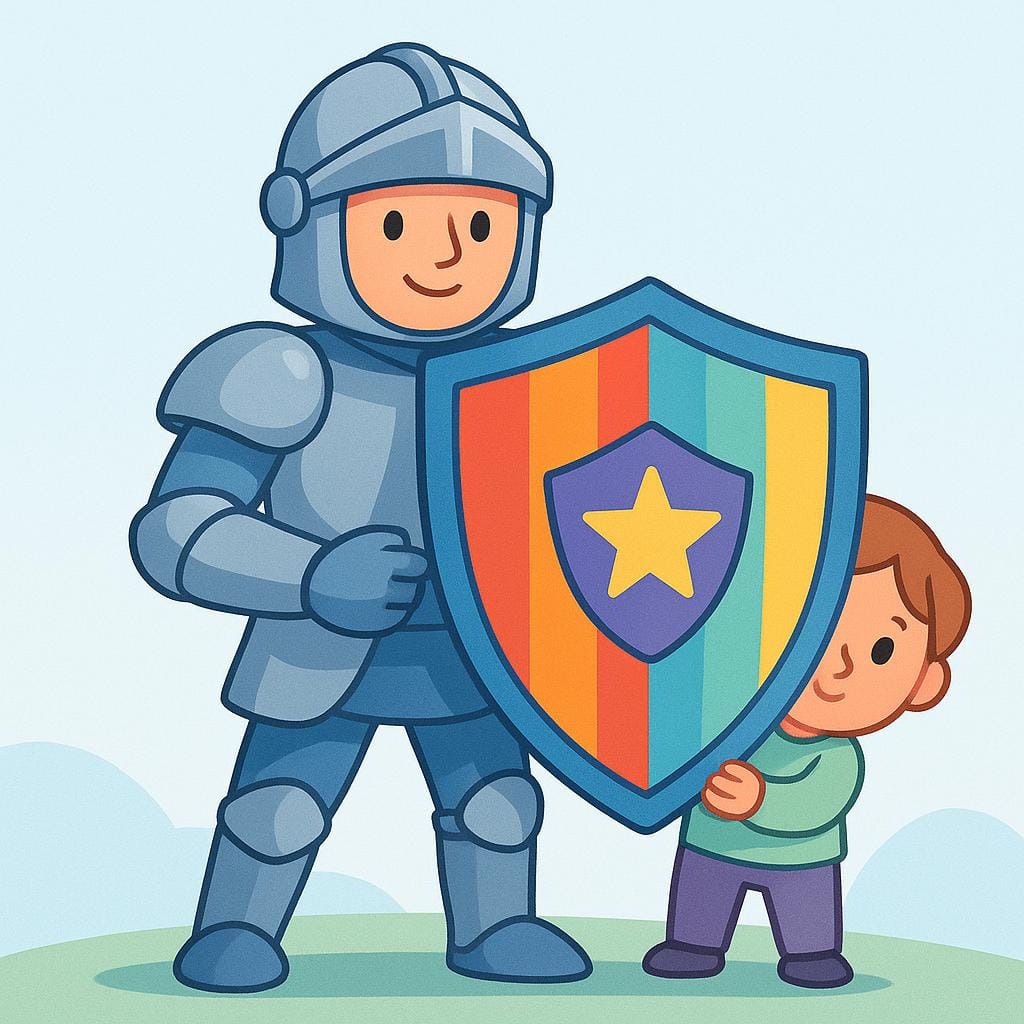 A knight in shining armor holds a large, colorful shield forward, actively protecting a small, vulnerable person standing safely behind the shield.