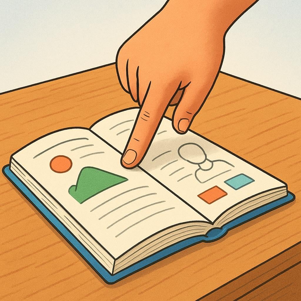 A close-up illustration of a human hand pointing emphatically at the pages of an open book, illustrating an instruction or command.