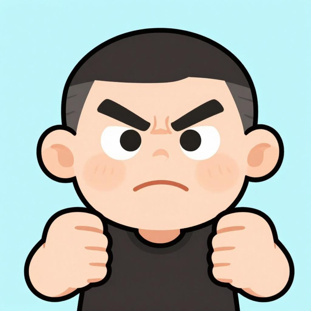 顔が赤くなり、耳から湯気が出て、ひどくイライラしているように見える人。