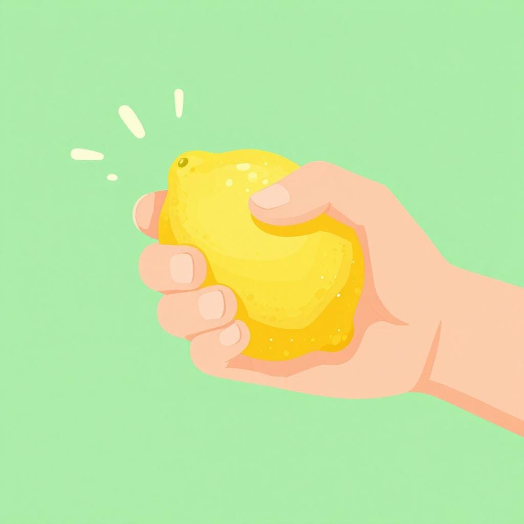 Two hands firmly squeezing a bright yellow lemon, with juice droplets spraying out.