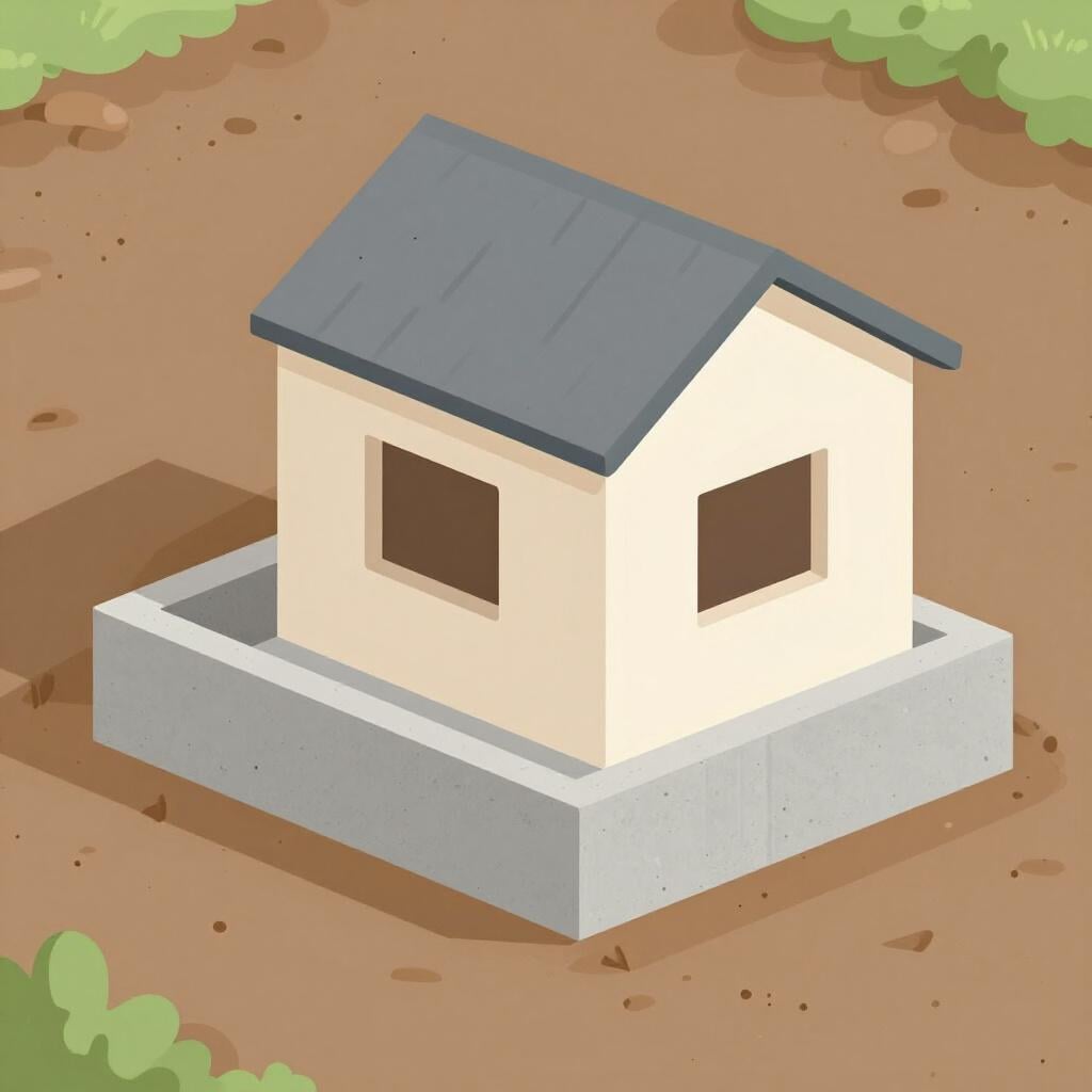 A thick, solid concrete base of a house under construction showing the structural support.