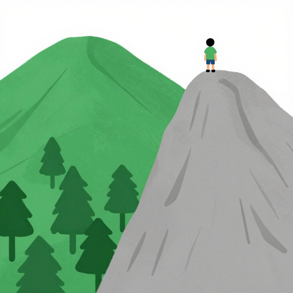 Twee mensen kijken vanuit verschillende hoeken naar dezelfde berg, de één ziet een bos en de ander een rotsachtige klif.
