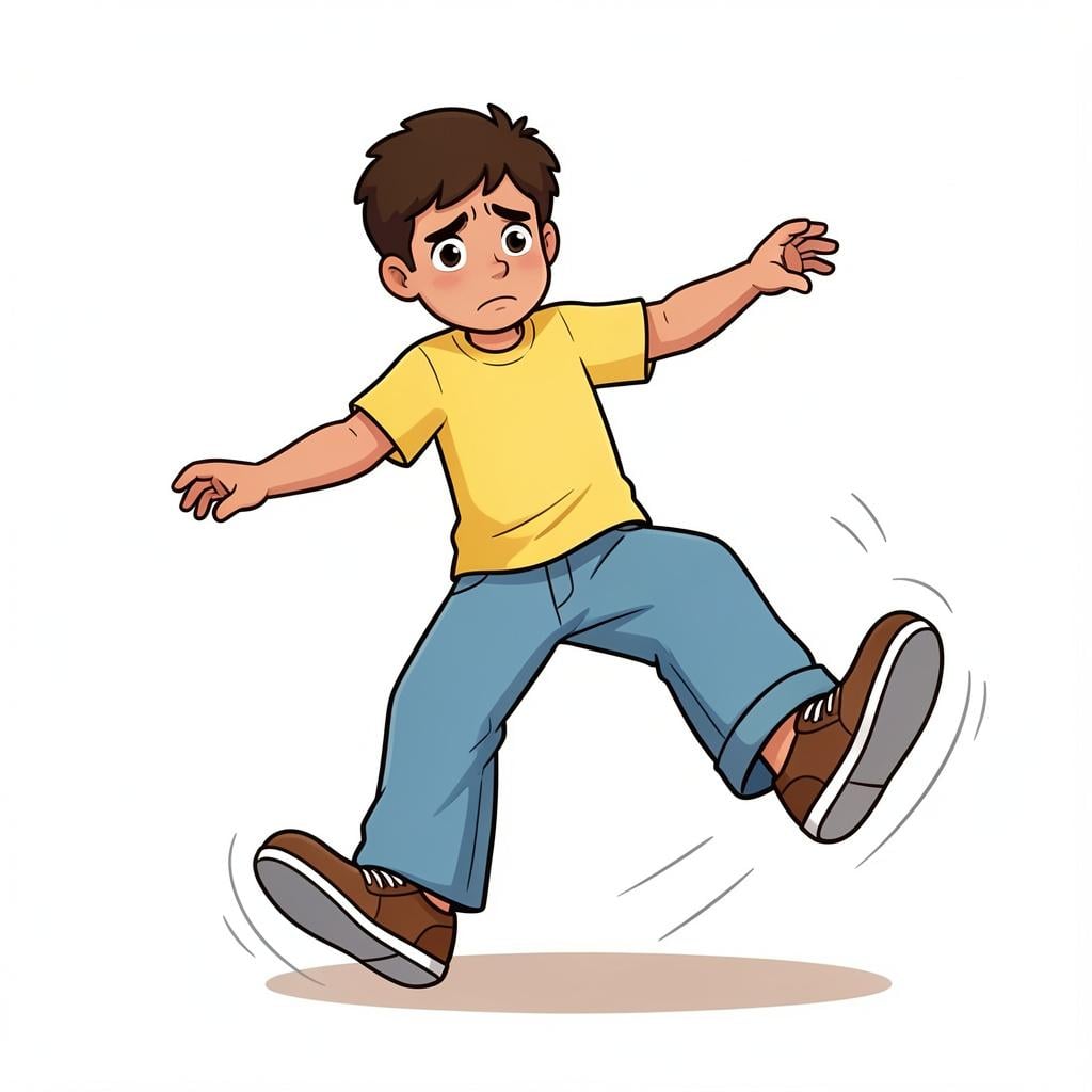 A person tripping over their own feet while trying to dance.