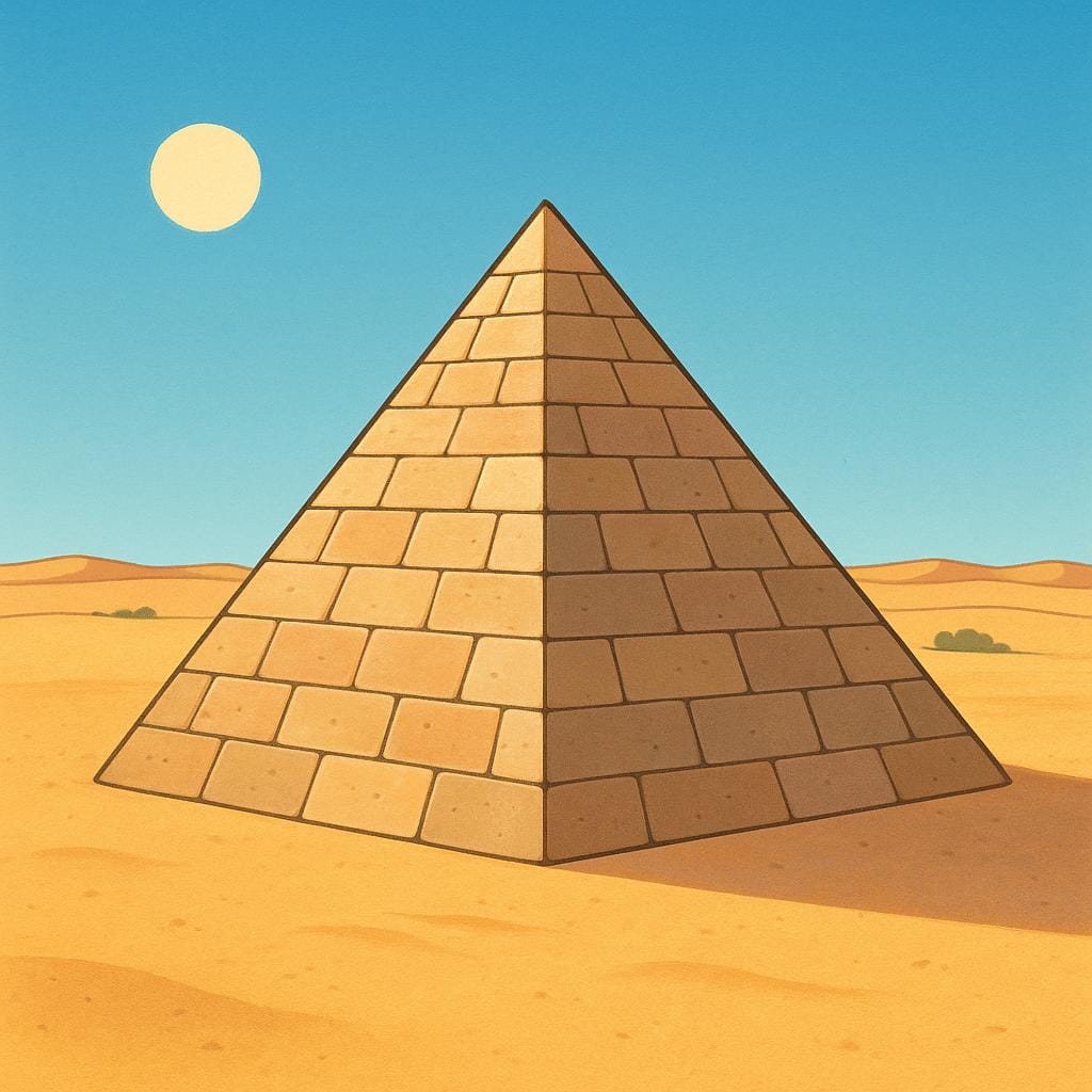 Een eenvoudige illustratie van een grote, gestileerde stenen piramide die alleen staat in een helder, zonnig woestijnlandschap, wat een specifieke historische samenleving vertegenwoordigt.