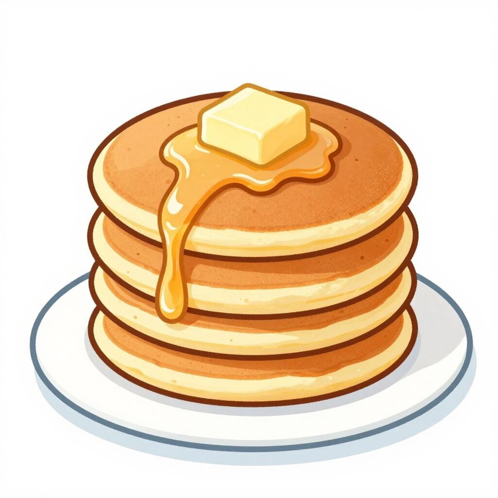 A stack of golden brown pancakes on a plate with a pat of butter and maple syrup.