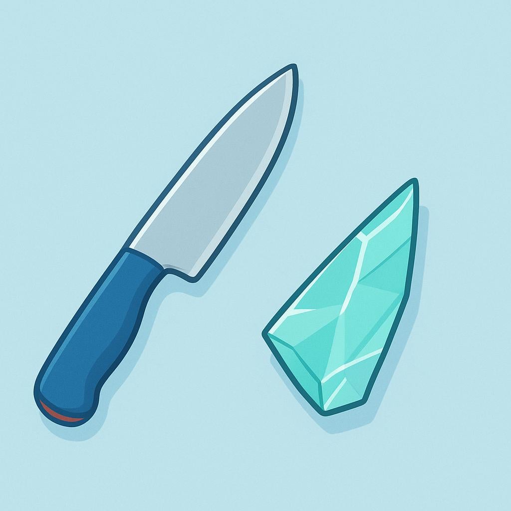 A close-up view of two dangerous items: a long, sharp kitchen knife and a jagged piece of broken glass.