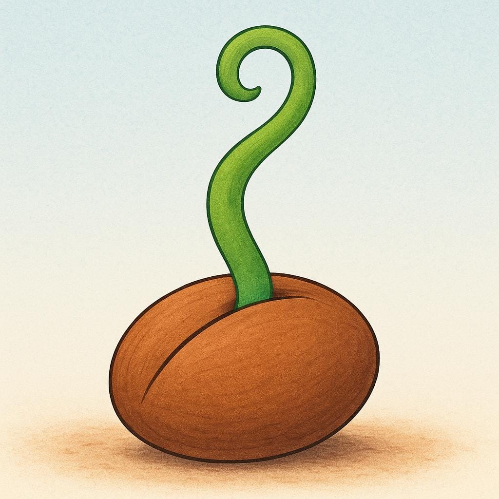 A close-up illustration of a single seed that has just cracked open, revealing a bright green seedling emerging from the soil.