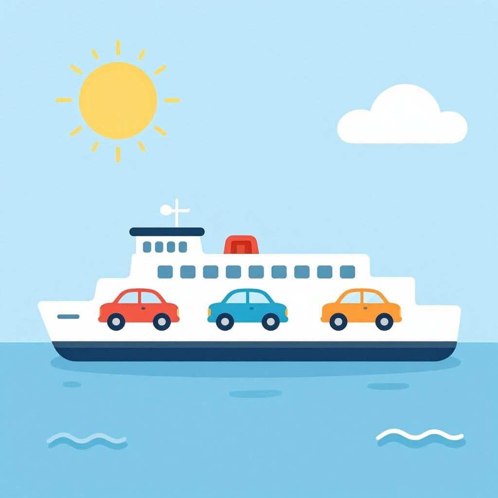 Un grand bateau coloré transportant plusieurs voitures sur une étendue d'eau bleue.