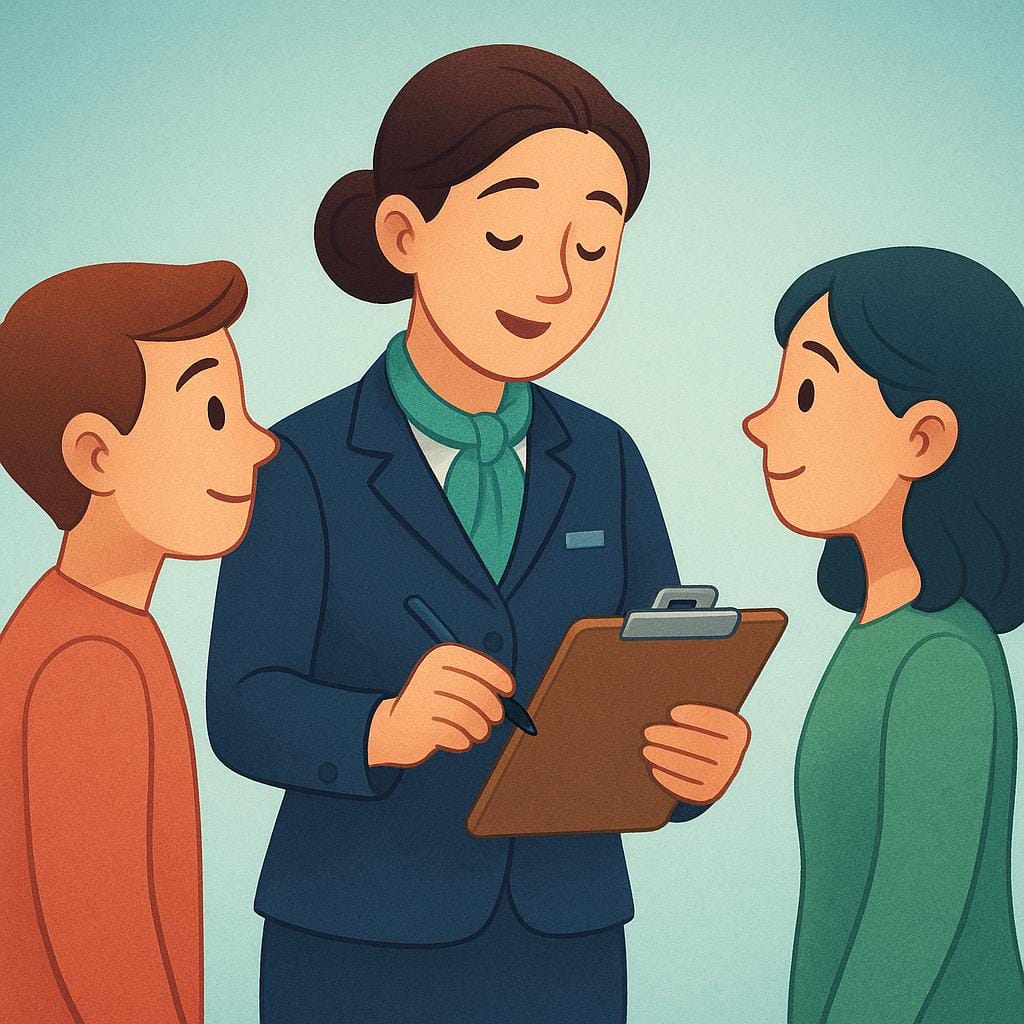 クリップボードを持ち、目立つ制服を着た中心的な様式化された人物が、熱心に聞いている2人の小さな人物に指示を出している様子。