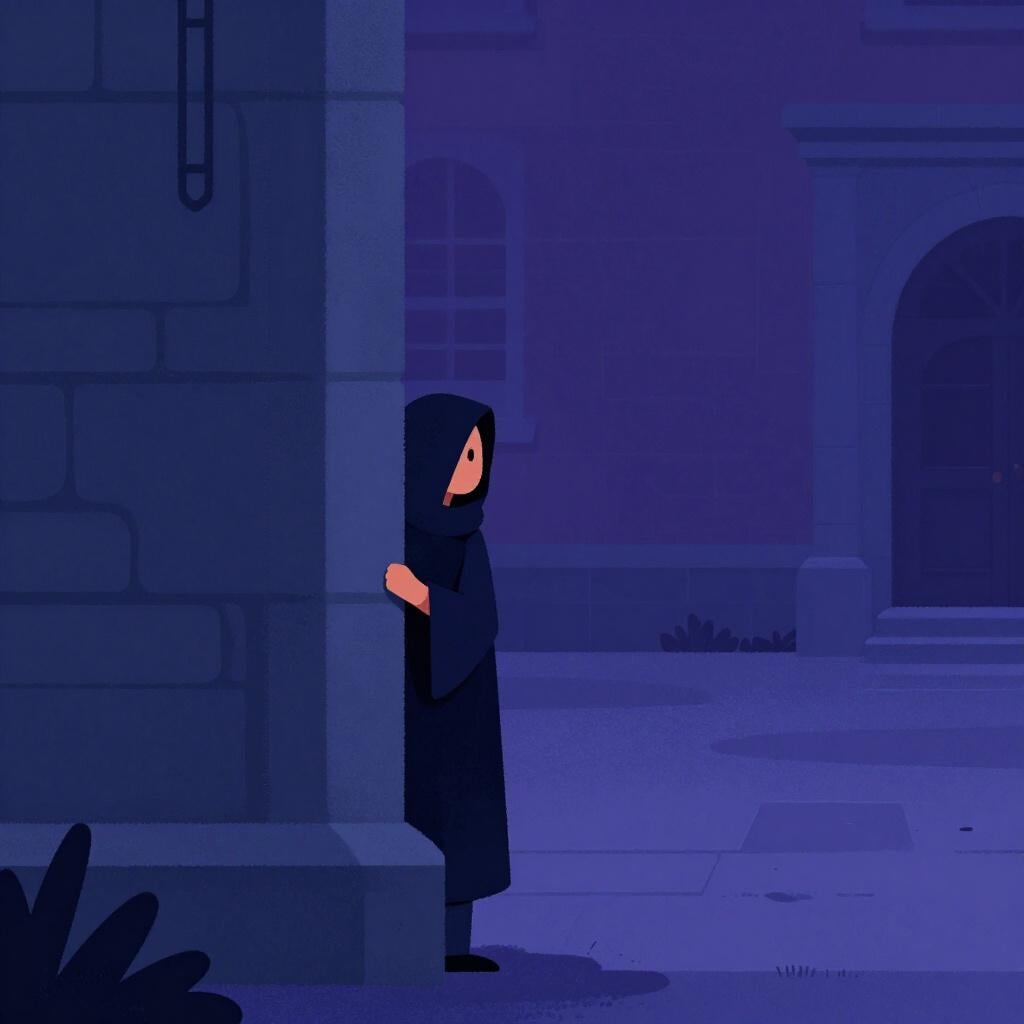 Eine Person in einem dunklen Kapuzenmantel, die hinter einem großen Steinsäule auf einem mondbeschienenen Hof hervorlugt.