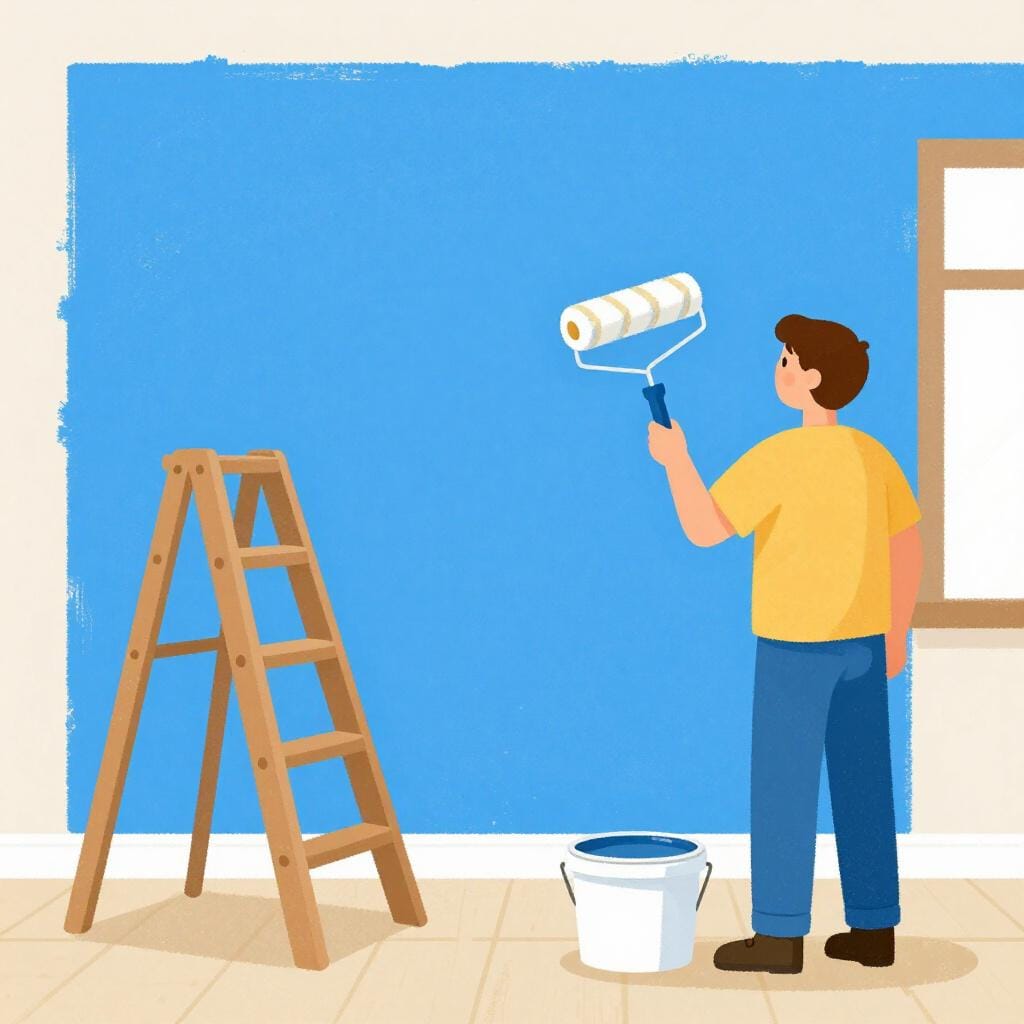 A room with fresh bright paint on one wall and a person holding a paint roller.