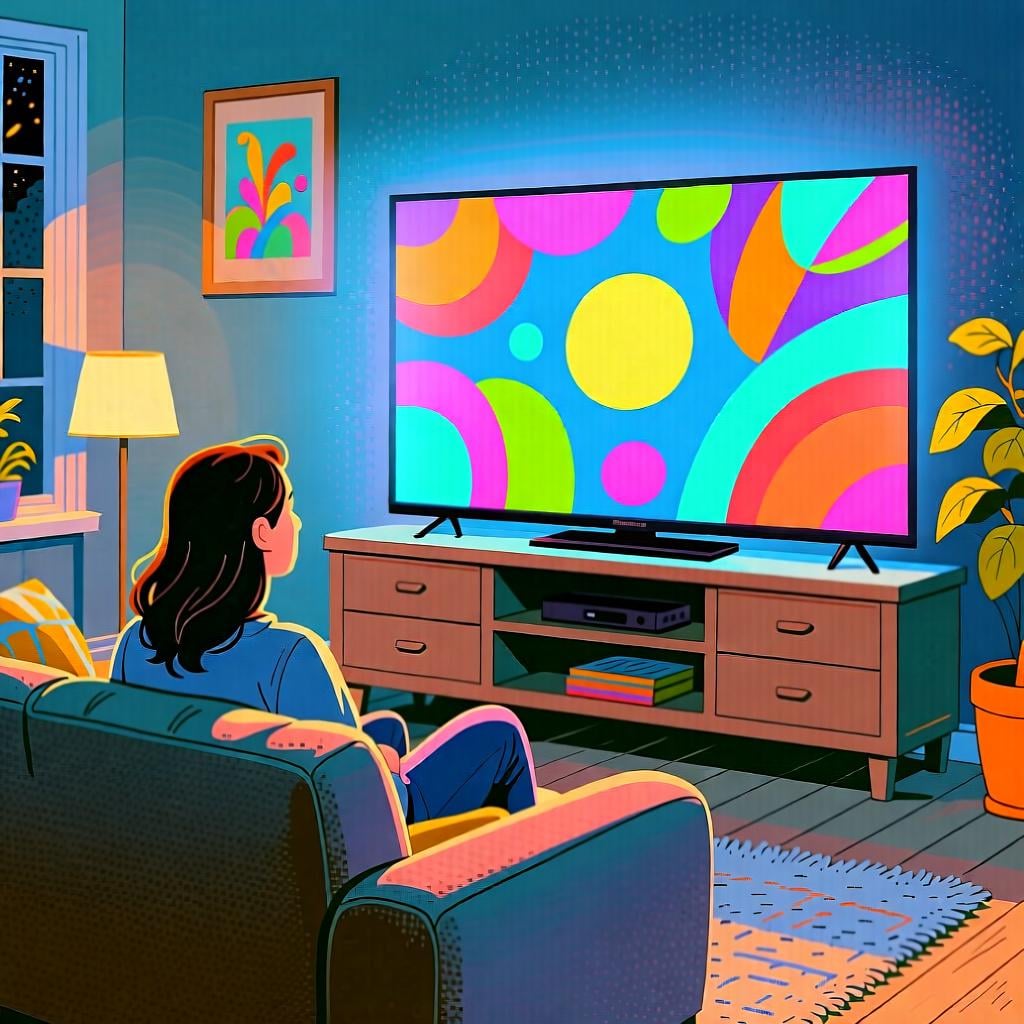 A person watching television in a dimly lit, cozy room.