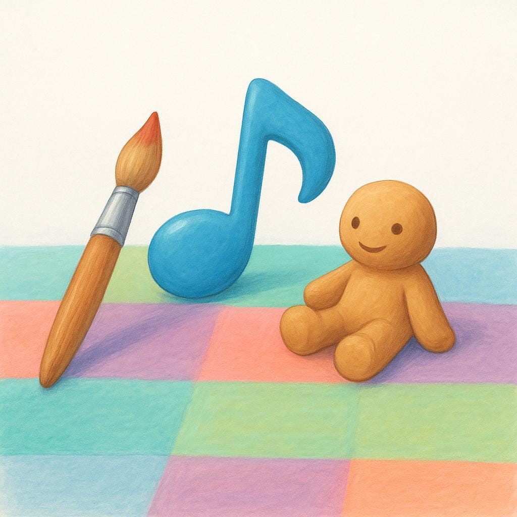 A collection of objects representing creative arts: a paintbrush, a sheet of music with a note, and a small clay sculpture.