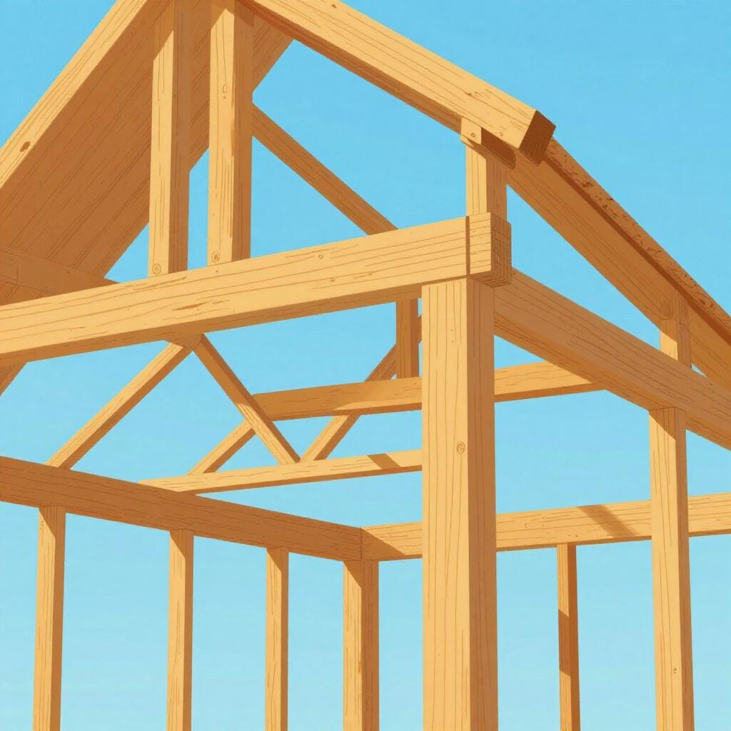 La charpente en bois d'une petite maison en construction.