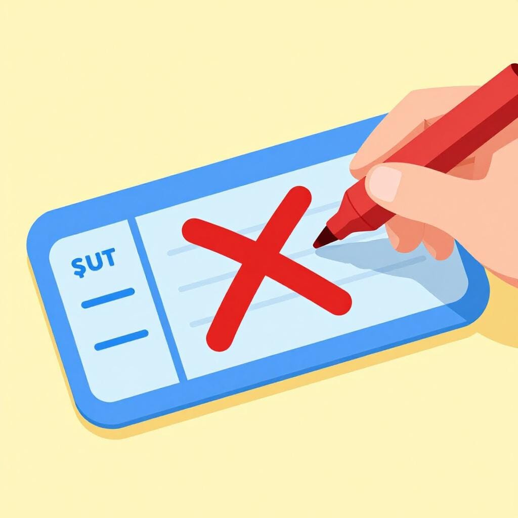 Una mano che appone una 'X' rossa su un foglio di carta che rappresenta un biglietto.