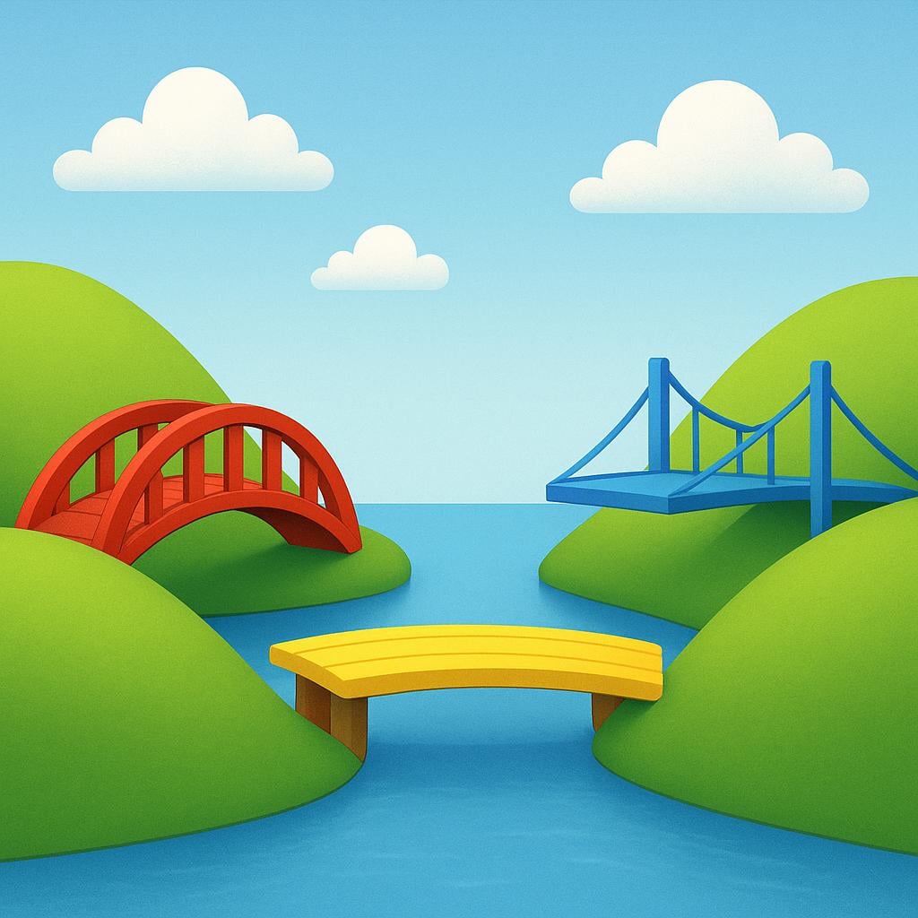 A simple illustration showing two distinct green hills separated by a blue river. They are physically linked by three different colored bridges: red, yellow, and blue.