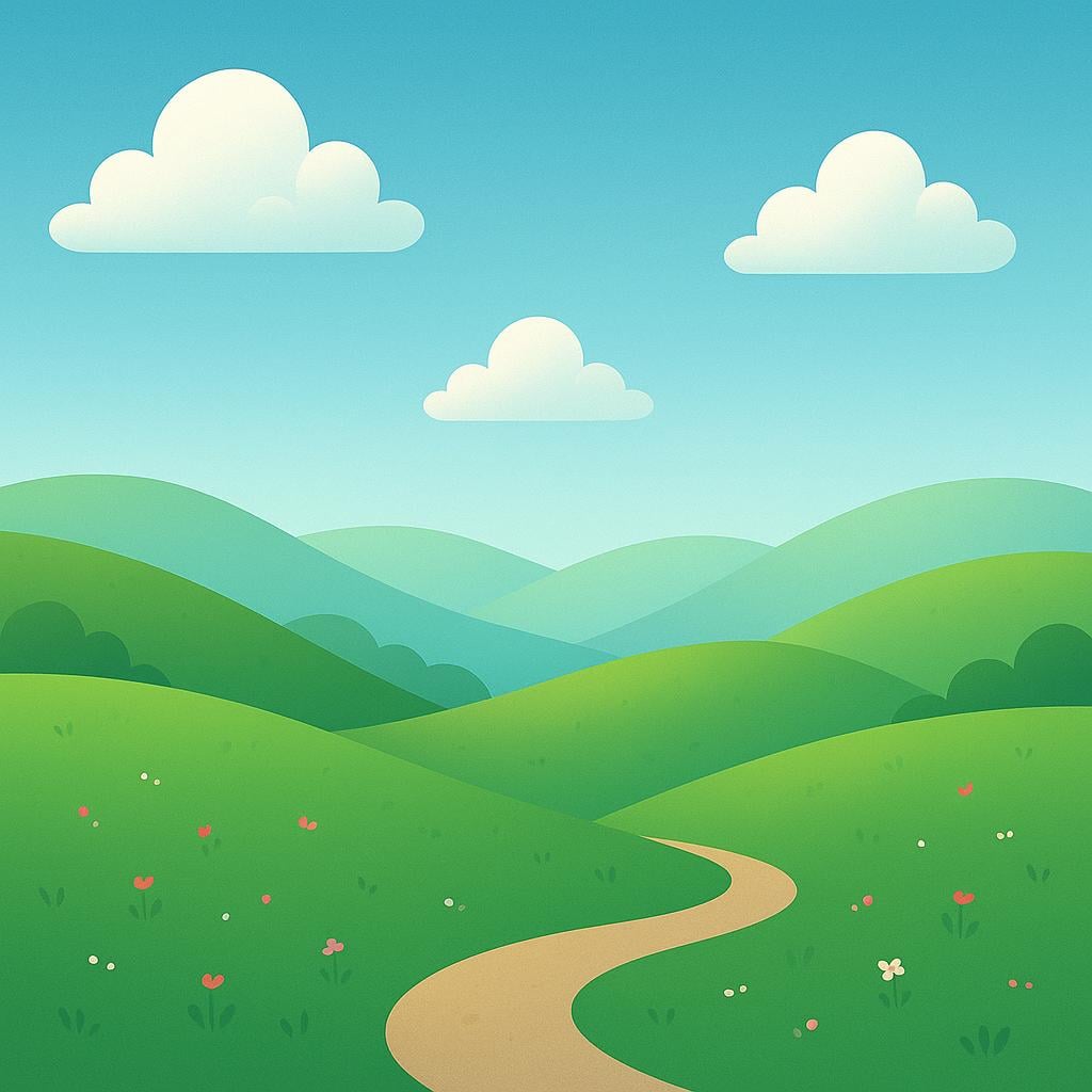 A scenic view of several gentle, rounded green hills stretching across the landscape under a clear blue sky.