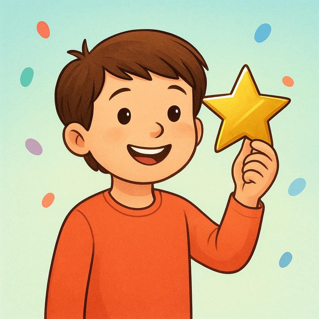 Uno studente sorridente che mostra con orgoglio un grande adesivo a forma di stella d'oro lucida, illustrando il successo nell'ottenere un buon voto.